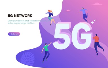 5G network wireless system wifi connection vector illustration concept. group of people having fun on social media, can use for, landing page, template, ui, web, homepage, poster, banner, flyer