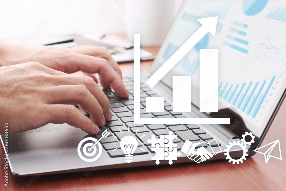 Poster business development strategy concept. businessman preparing reports.man using laptop. many icons an