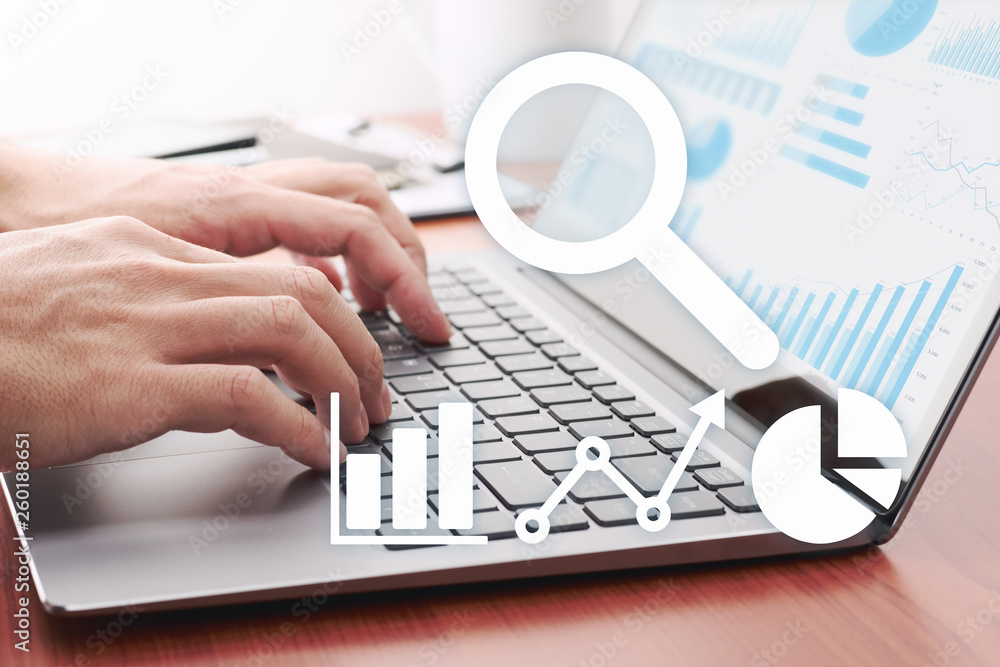 Poster Business analysis concept. Using laptop for analyzing data. Many graphs and icons.