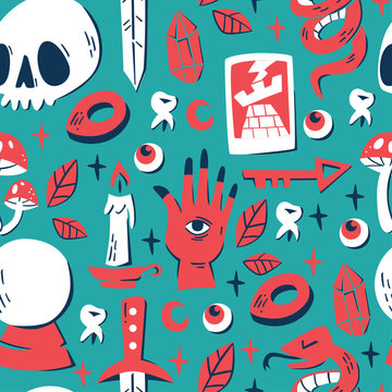Seamless Pattern with Magic Elements: Skull, Tarot Card, Crystal Ball, Snake, Knife and etc.