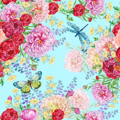 floral seamless pattern for textile design ,peony flowers ,dragonfly,butterfly.Watercolor