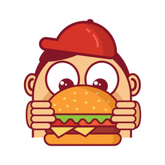 Happy cute boy hugging big hamburger isolated. Burger lover concept. Burger icon. Tasty juicy burger illustration