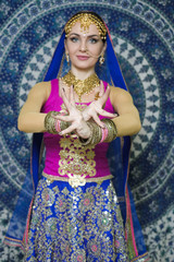 Portrait of a female model in ethnic indian costume with  jewellery and traditional makeup.