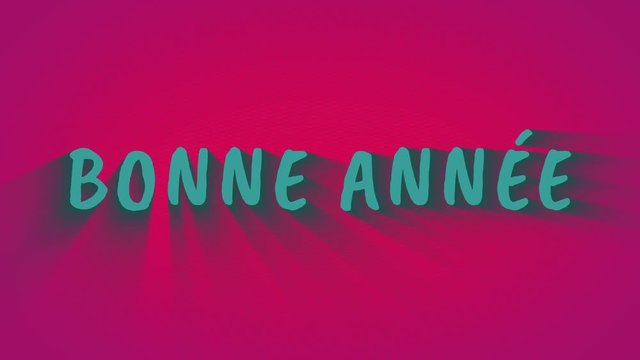 Animation bouncing letters with shadows. 'Bonne Annee'. Happy New Year in french language. Blue text on pink background