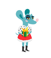 Cute rat is a girl with a red royal red robe and a gift box in her hands.