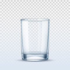 Empty glass on transparent background. Crystal clear drink container. Fresh water, juice or alcohol beverage glass realistic tableware. Vector restaurant, mineral pure water product package design.