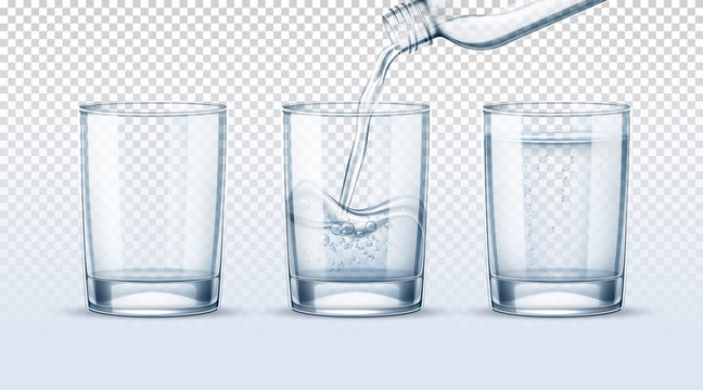 Empty glass cup, full one and water pouring into realistic glass cup from plastic bottle on transparent background set. Purified or mineral water advertising, package vector design.