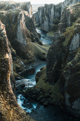 Scenery of cliffs with mountains stream in Nordic landscape of Iceland