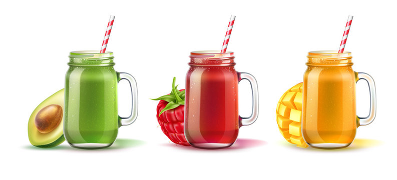 Realistic smoothie in mason jar with straw set. Fruits and vegetables mix in red, orange green glass jar. Detox cocktail for healthy dieting. Spinach, strawberry, mango shakes. Vector vitamin cocktail