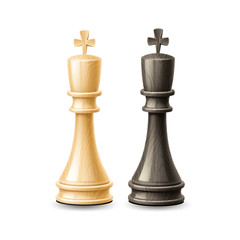 Fototapeta na wymiar Realistic king chess pieces. Black and white chess figures for strategic board game. Intellectual leisure activity symbols. 3d chessboard objects for vector design.