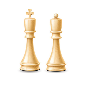 Realistic king and queen chess pieces. White chess figures for strategic board game. Intellectual leisure activity symbols. 3d chessboard objects for vector design.