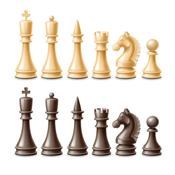Realistic chess pieces set. King, queen bishop and pawn horse rook Black and white chess figures for strategic board game. Intellectual leisure activity symbol. 3d chessboard objects for vector design