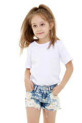Fototapeta premium Charming girl in a pure white t-shirt for advertising and shorts