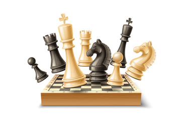 Realistic chess pieces and chessboard set. King, queen bishop and pawn horse rook Black and white chess figures for strategic board game. Intellectual leisure activity. 3d objects for vector design - obrazy, fototapety, plakaty
