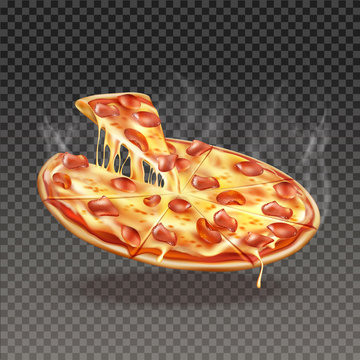 Realistic juicy pizza with cheese and pepperoni. Italian delicious round meal. Vector tasty restaurant menu design decoration element. Traditional Italian cuisine on transparent background.