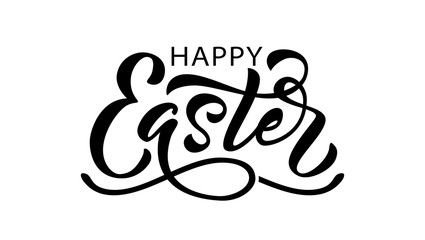 Happy Easter text. Vector illustration isolated on white background. Hand drawn text for Easter greeting card.