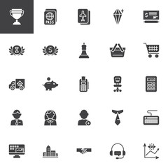Business and finance vector icons set, modern solid symbol collection, filled style pictogram pack. Signs, logo illustration. Set includes icons as Bank check payment, Piggy bank, Business handshake