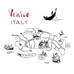 Venice map hand drawn illustration. Floating gondola with gondolier on canal. Black ink pen sketch. City architecture. Freehand contour drawing. Cityscape graphic composition.