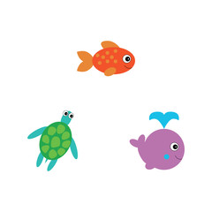 Whale with water fountain blow, fish and turte icon. Vector illustration. Cartoon style.