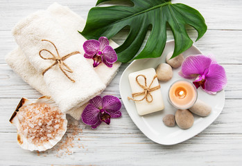 Fototapeta na wymiar Natural spa ingredients with orchid flowers