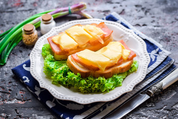 Hot sandwiches with bacon, cheese and lettuce.