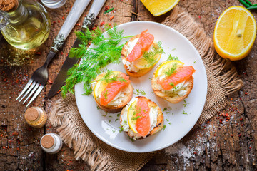 Baguette sandwich with egg and red fish.