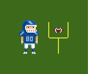 Vector pixel art illustration - American football gridiron player, oval-shaped football and goalposts