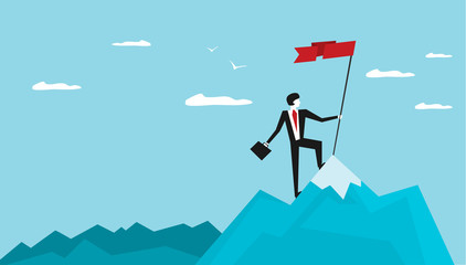 Businessman holds flag stand on top of mountain celebrating success. Vector illustration flat