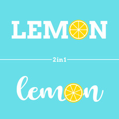 Lemon logotype set with lemon slice and blue background. 