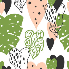 Vector  seamless pattern  with  hand drawn tropical plants. Monstera plant.