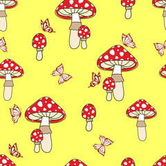 Seamless colorful pattern with fly agaric and butterfly