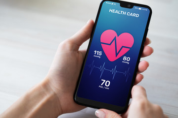 Health control application on smartphone with pulse and arterial pressure control. Concept of...