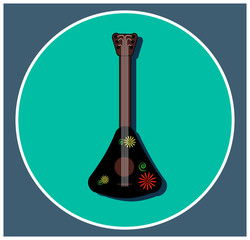 Colorful Musical instrument balalaika with floral ornament. Folk Russian music. Black object isolated on a blue background. Flat logo vector illustration. Educational cards stringed musical instrument