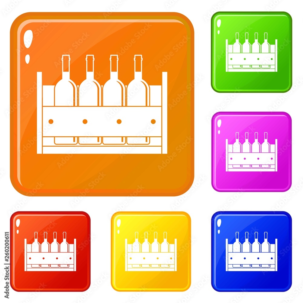 Poster four bottles of wine in a wooden box icons set collection vector 6 color isolated on white backgroun