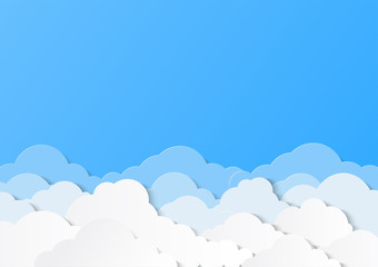 Design with white cumulus clouds in the sky. Paper cut design for cards, invitations, advertisements. Place for text. Vector