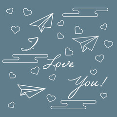 Paper airplane, hearts, clouds. Valentine's Day.