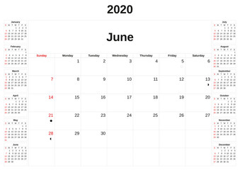 2020 a monthly calendar  with white background.