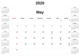 2020 a monthly calendar  with white background.