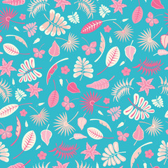 Seamless vector repeat pattern of tropical foliage and flowers. Colourful surface pattern design.