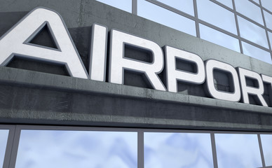 Signage above the entrance to a modern generic airport building made of exposed concrete and reflective glass in the day time - 3D render