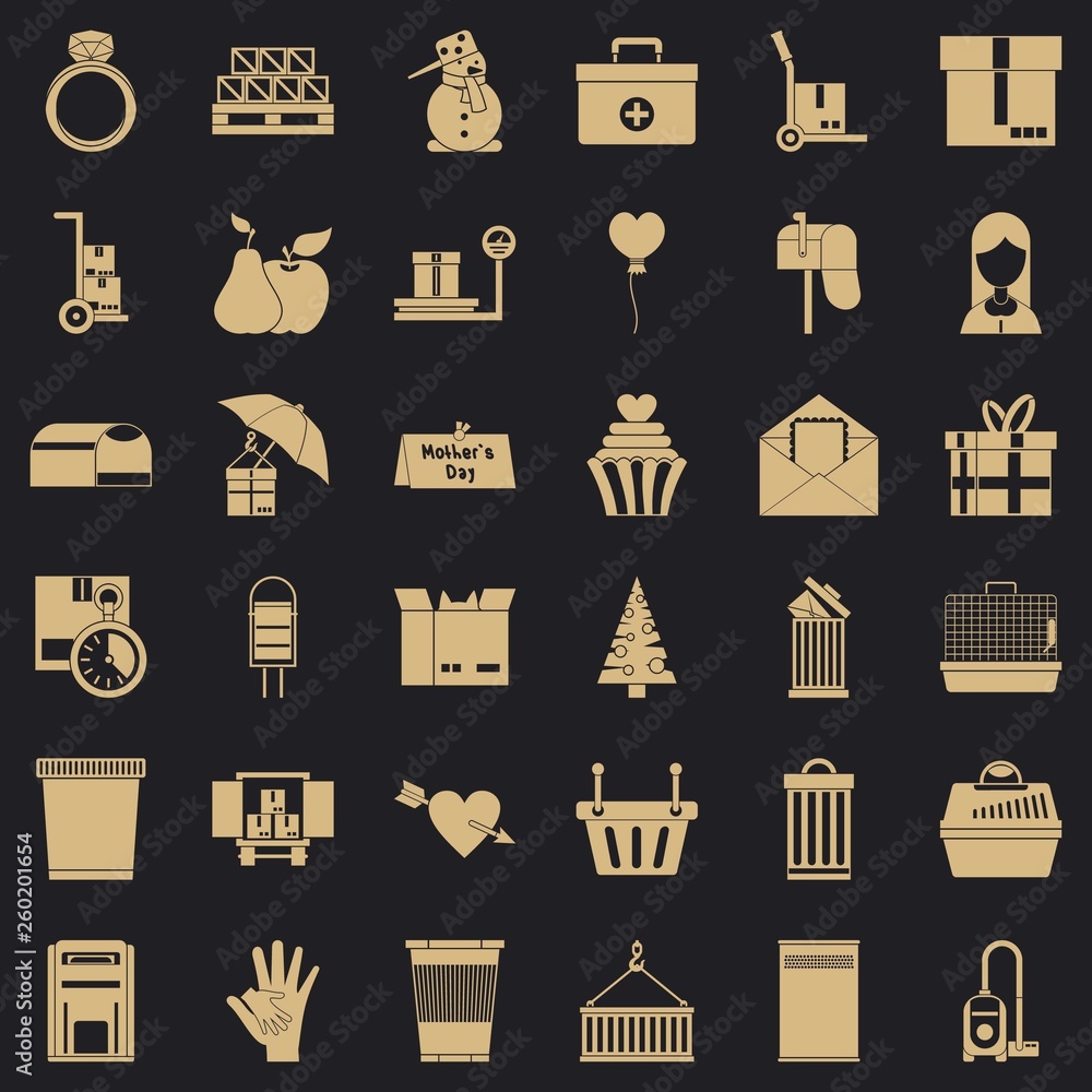 Poster carton box icons set. simple style of 36 carton box vector icons for web for any design