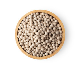 white peppercorn isolated on white background. top view