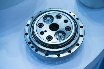 Background and pattern of metal parts of the robot. Hydro-brain transmissions and gears.