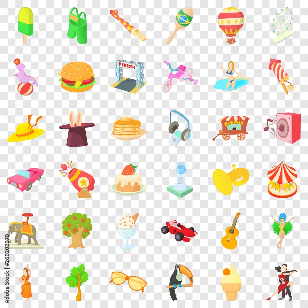 Poster amusement icons set. cartoon style of 36 amusement vector icons for web for any design