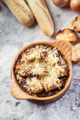 Delicious onion soup with croutons and cheese