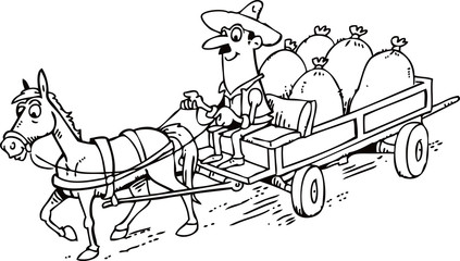Horse pulls cart with sacks