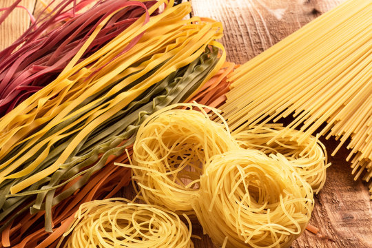  different types, colour of pasta and geometric shape on  top view
