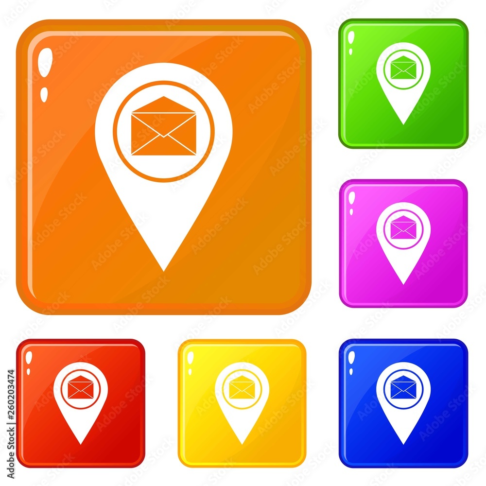 Poster marker location with envelope sign icons set collection vector 6 color isolated on white background