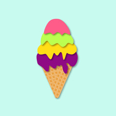Ice cream cone isolated icone. 3d vector. Paper cut style. Summer dessert
