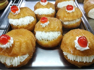 Delicious cakes on display in a confectionery shop